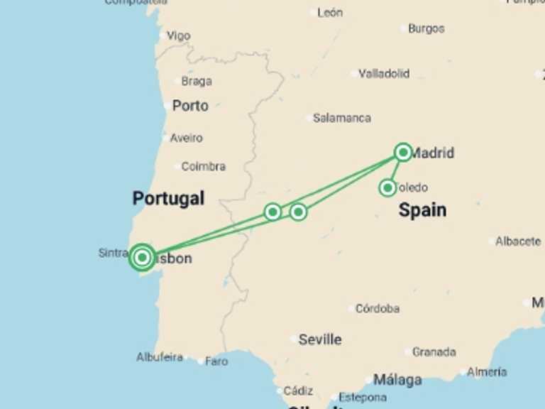 Map itinerary of Portugal Tour in May 2026 with 2 destination visits for the trip: 5-day Madrid Tour From Lisbon (c-6520)