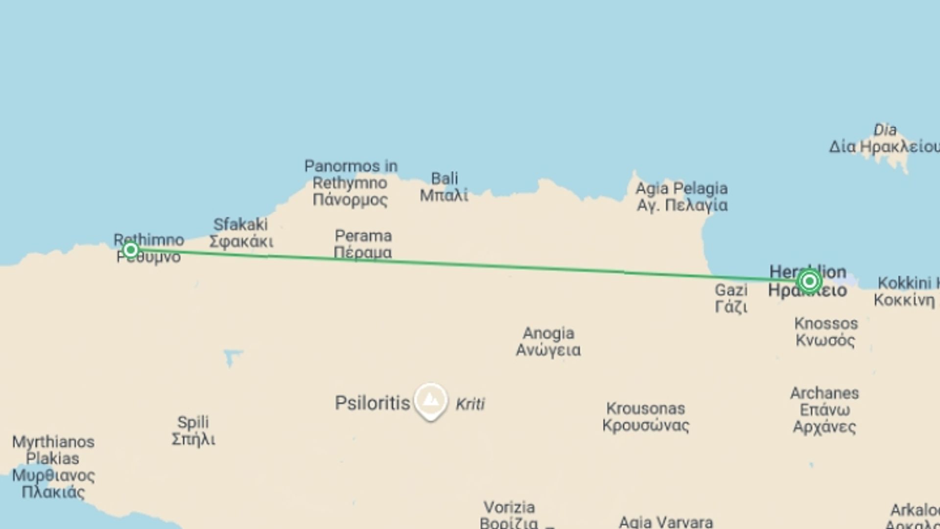 A map showing the tour itinerary for the trip: Crete: In The Footsteps Of Myth, French-speaking Guide, starting in Heraklion, Greece and ending in Heraklion, Greece going through 1 other destinations.