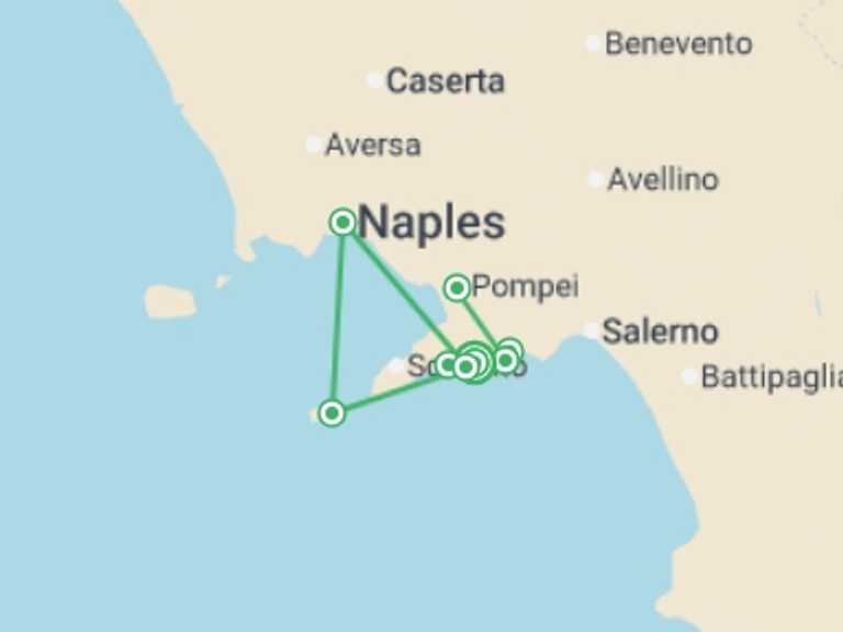 Map itinerary of Europe Tour in June 2026 with 7 destination visits for the trip: Highlights of the Amalfi Coast