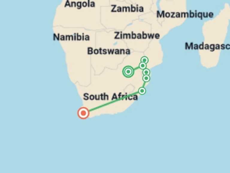 Map of South Africa Tour with 7 destination visits for the trip: South Africa Adventure