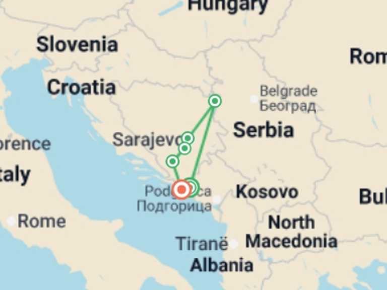 Map of Europe Tour with 6 destination visits for the trip: Walking in Bosnia & Herzegovina