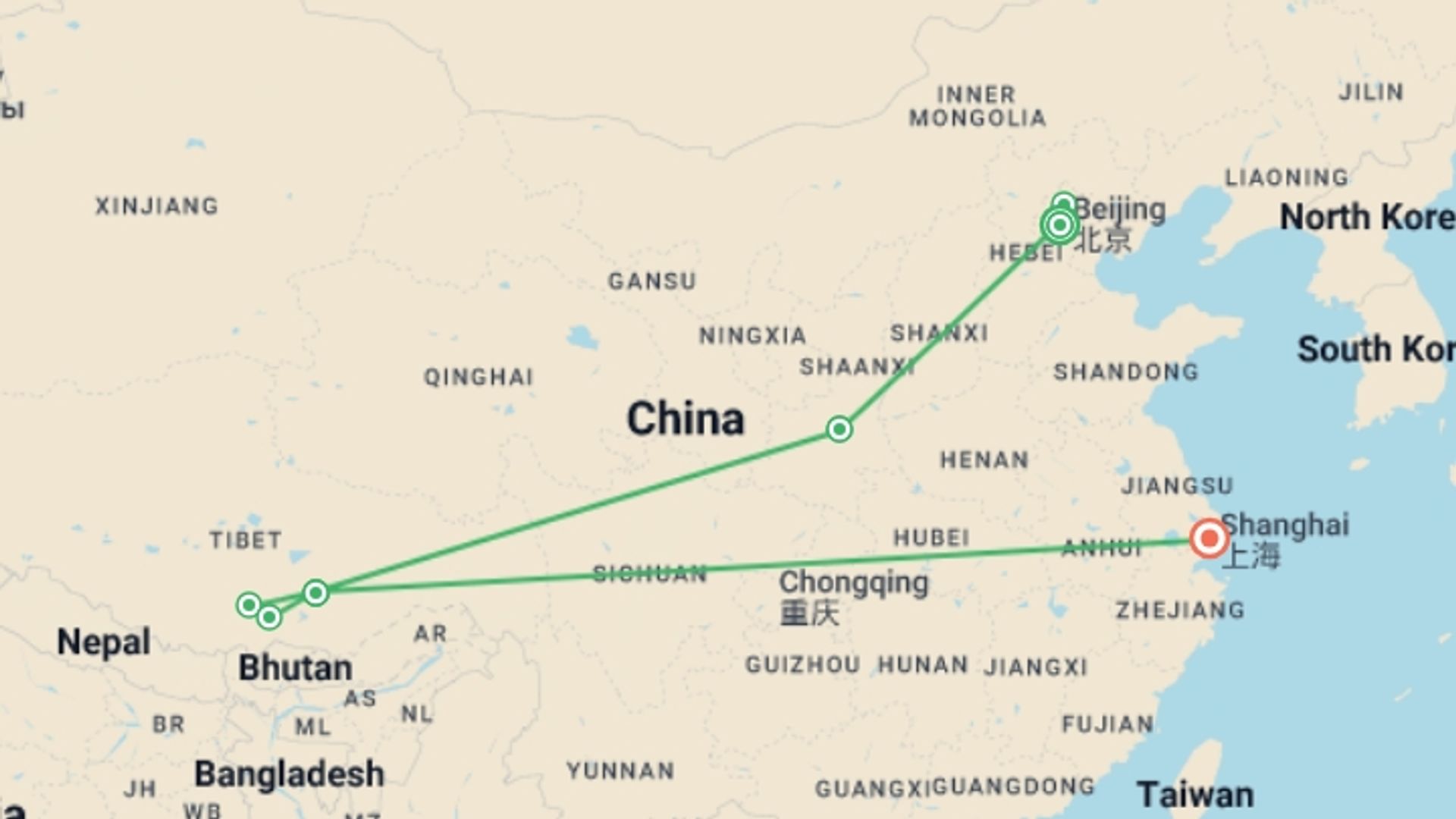 A map showing the tour itinerary for the trip: Beijing, Xi’an, Lhasa & Shanghai - 13 days , starting in Beijing, China and ending in Shanghai, China going through 3 other destinations.
