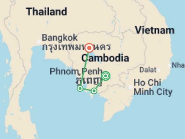 Map itinerary of Asia Tour in September 2026 with 4 destination visits for the trip: Best of Cambodia Adventure  - 10 days