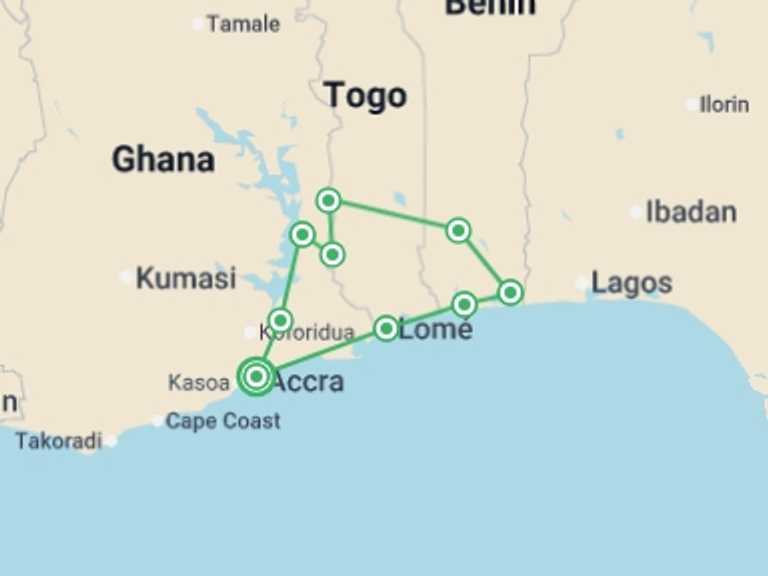 Map itinerary of Africa Tour in March 2027 with 9 destination visits for the trip: Highlights of Ghana, Togo and Benin