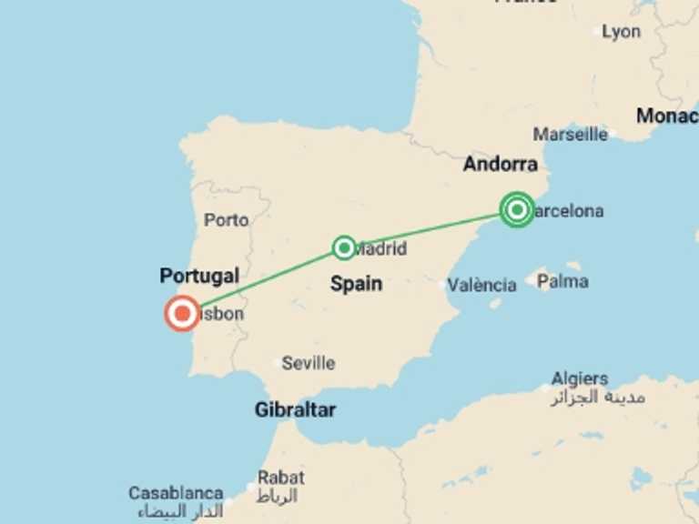 Map itinerary of Europe Tour in November 2026 with 3 destination visits for the trip: Barcelona Madrid and Lisbon City Package