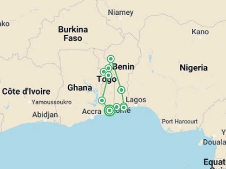 Map of Africa Tour with 10 destination visits for the trip: Benin and Togo Voodoo Discovery