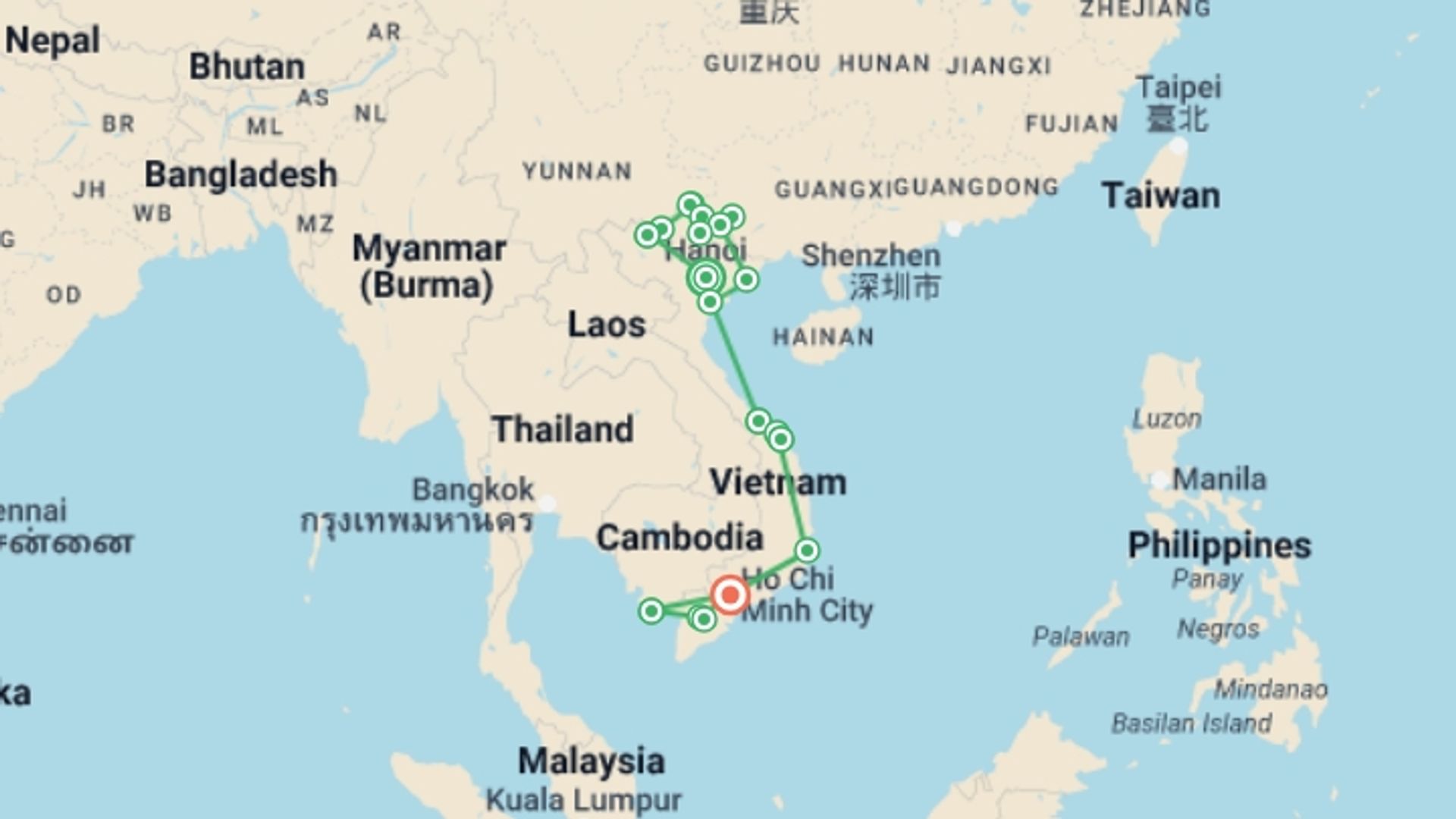 A map showing the tour itinerary for the trip: Authentic Vietnam 21 Days 20 Nights, starting in Hanoi, Vietnam and ending in Ho Chi Minh City, Vietnam going through 13 other destinations.