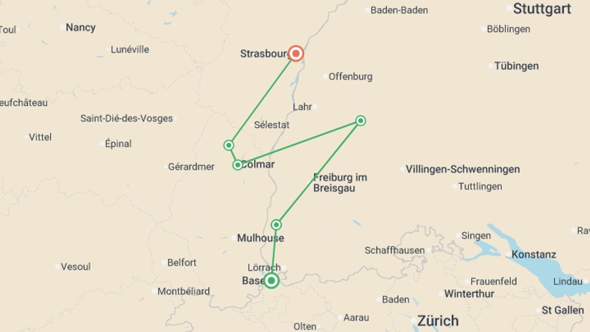A map showing the tour itinerary for the trip: Alsace Vineyards & Rhine Cycle to Strasbourg, starting in Basel, Switzerland and ending in Strasbourg, France going through 4 other destinations.
