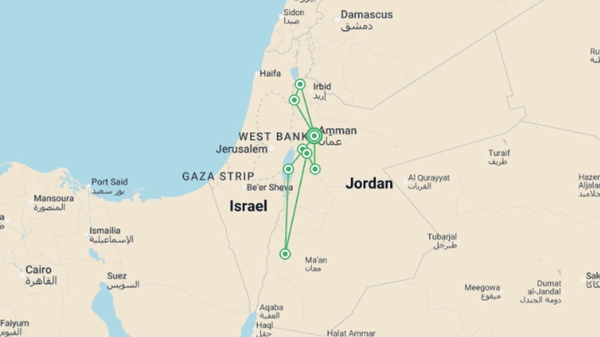 A map showing the tour itinerary for the trip: Follow the Footsteps of Jesus in Jordan, starting in Amman, Jordan and ending in Amman, Jordan going through 4 other destinations.