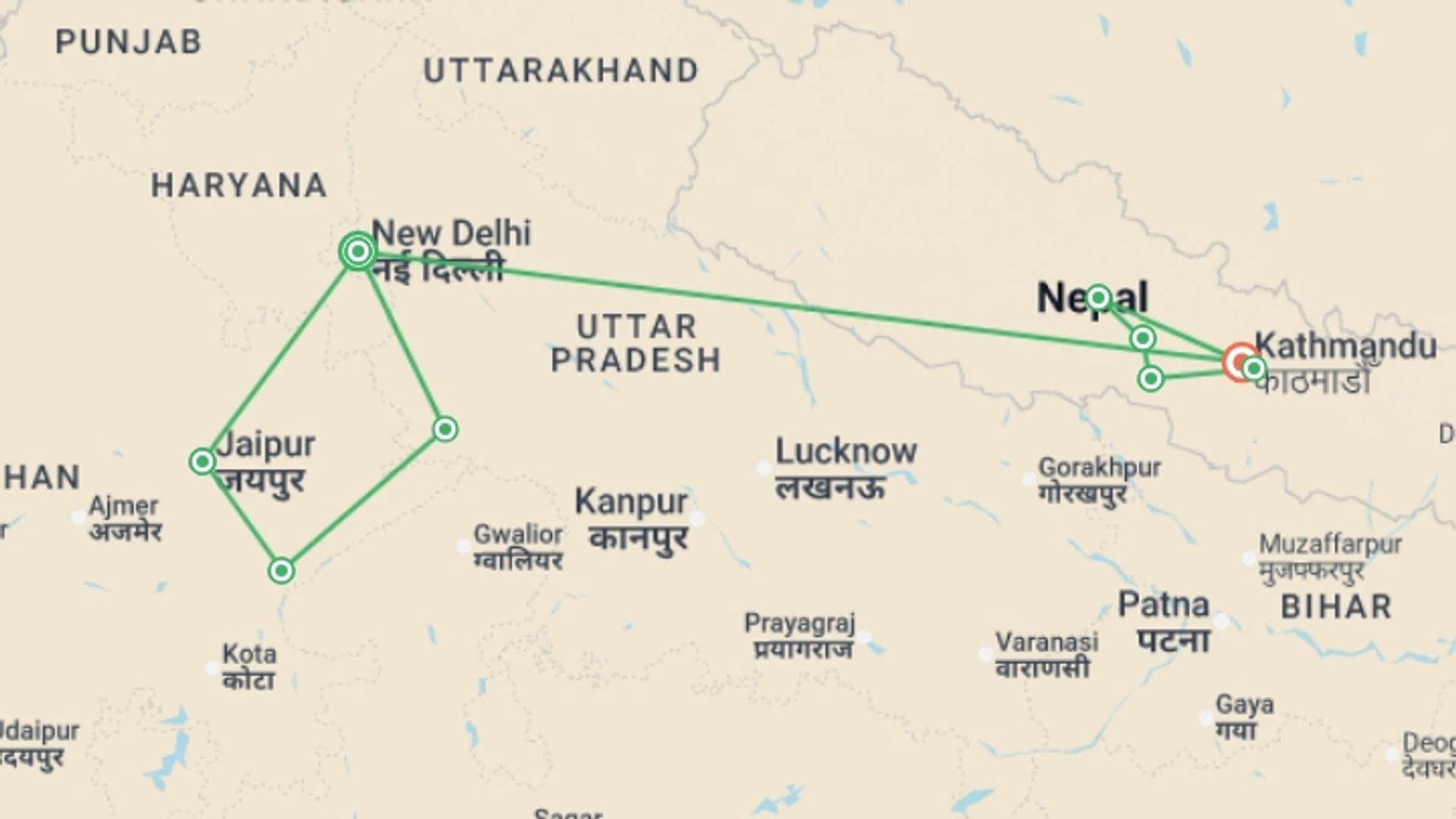 A map showing the tour itinerary for the trip: India & Nepal Adventure, starting in New Delhi, India and ending in Kathmandu, Nepal going through 7 other destinations.
