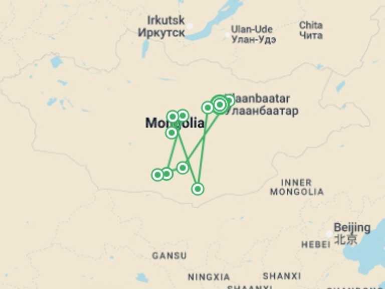 Map itinerary of East Asia Tour in Fall with 10 destination visits for the trip: Discover Mongolia
