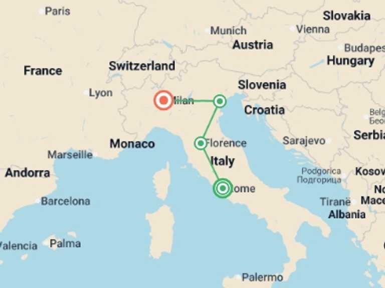 Map of Milan City sightseeing Tour with 4 destination visits for the trip: Jewels of Italy and Milan by Rail