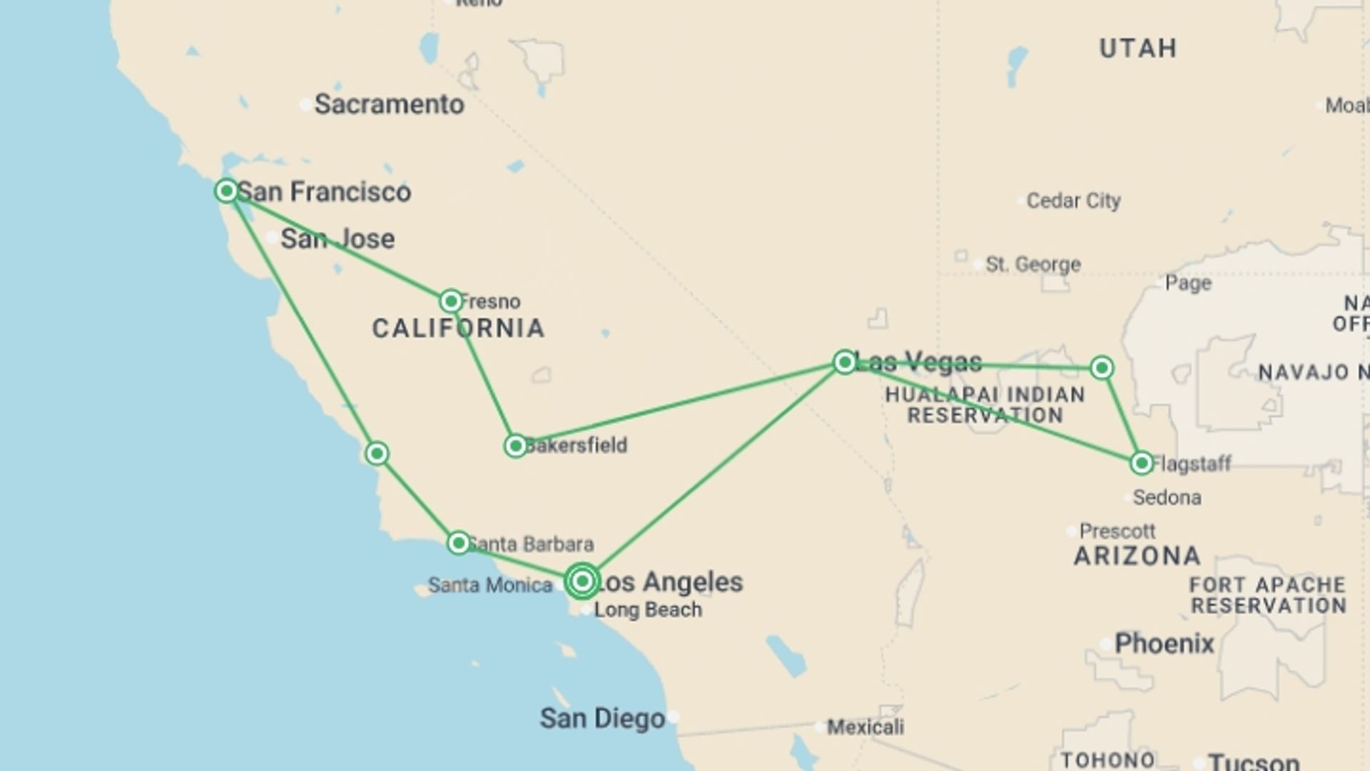 A map showing the tour itinerary for the trip: Dreams of the West, starting in Los Angeles, USA and ending in Los Angeles, USA going through 6 other destinations.