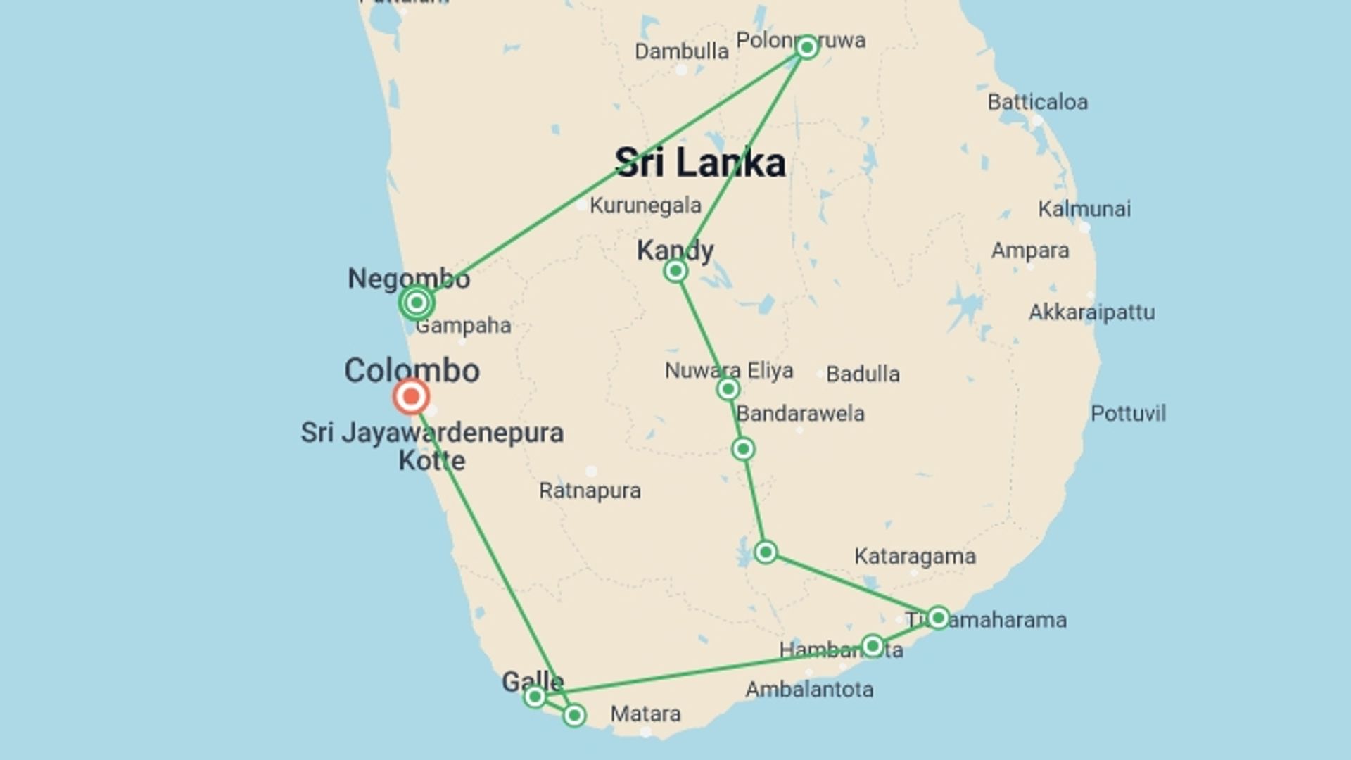 A map showing the tour itinerary for the trip: Cycle Sri Lanka, starting in Negombo, Sri Lanka and ending in Colombo, Sri Lanka going through 9 other destinations.