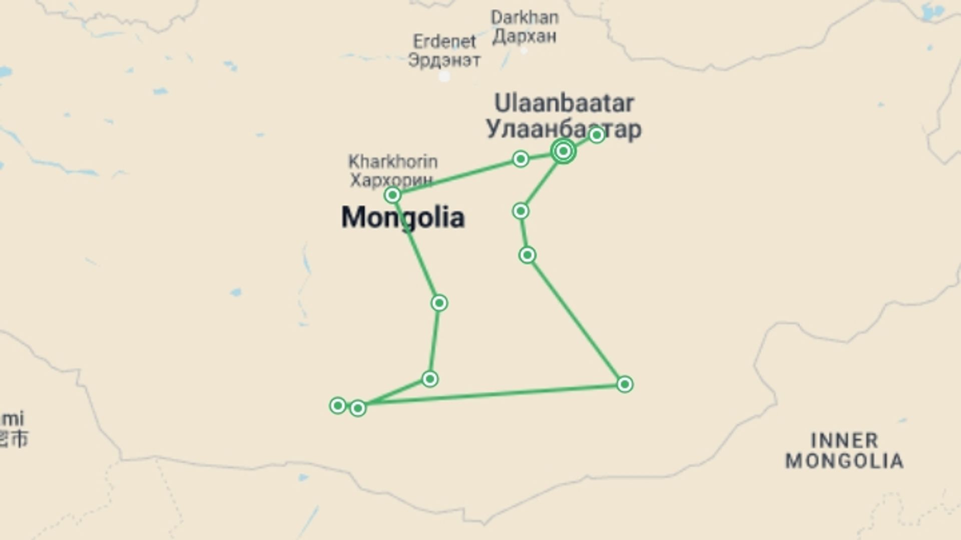 A map showing the tour itinerary for the trip: Naadam and Gobi Desert Explorer , starting in Ulaanbaatar, Mongolia and ending in Ulaanbaatar, Mongolia going through 10 other destinations.