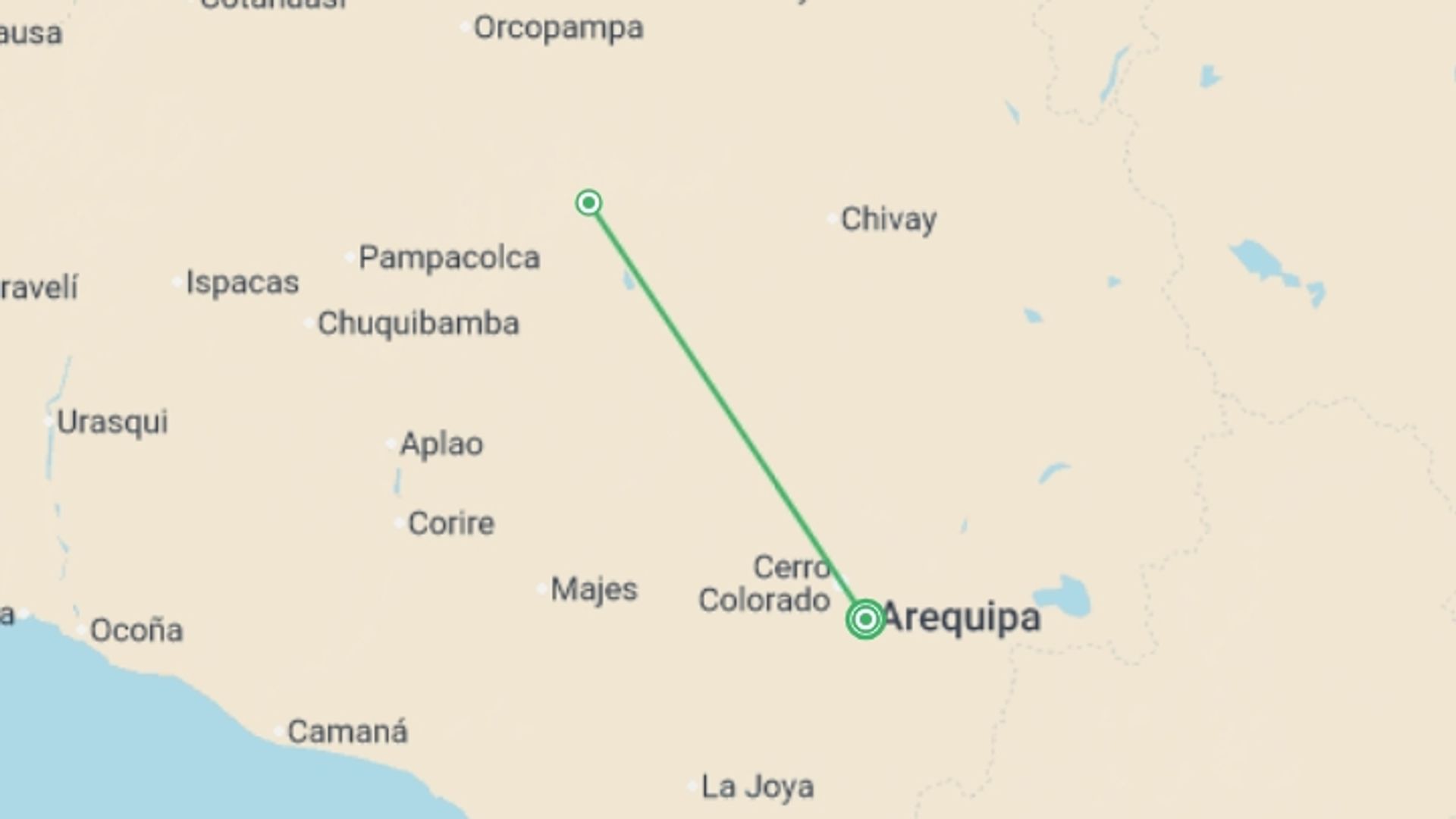A map showing the tour itinerary for the trip: 4-Day Arequipa and Colca Canyon Essential Tour Package, starting in Arequipa, Peru and ending in Arequipa, Peru going through 2 other destinations.