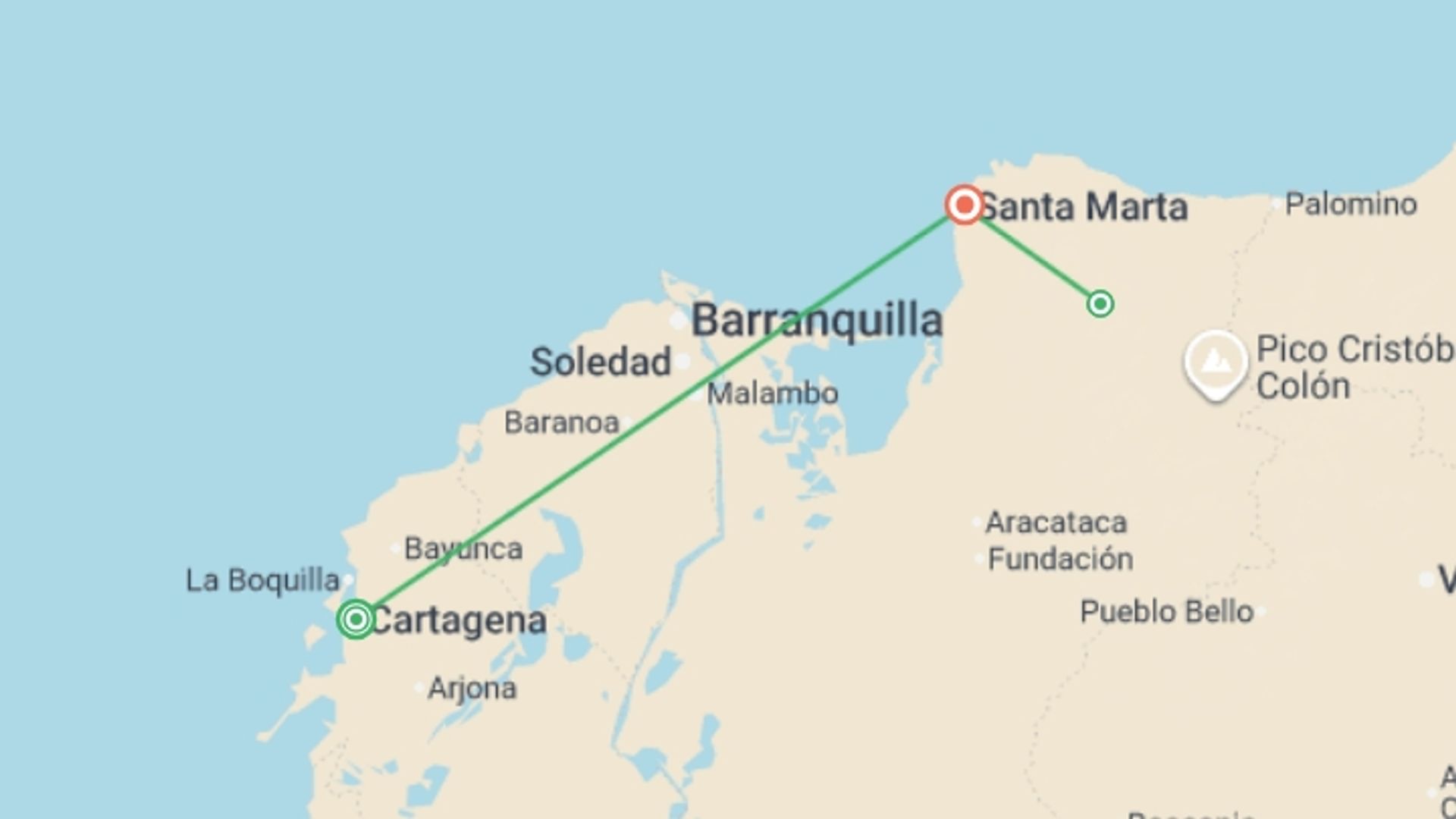 A map showing the tour itinerary for the trip: Lost City Trekking in Colombia, starting in Cartagena, Colombia and ending in Santa Marta, Colombia going through 1 other destinations.