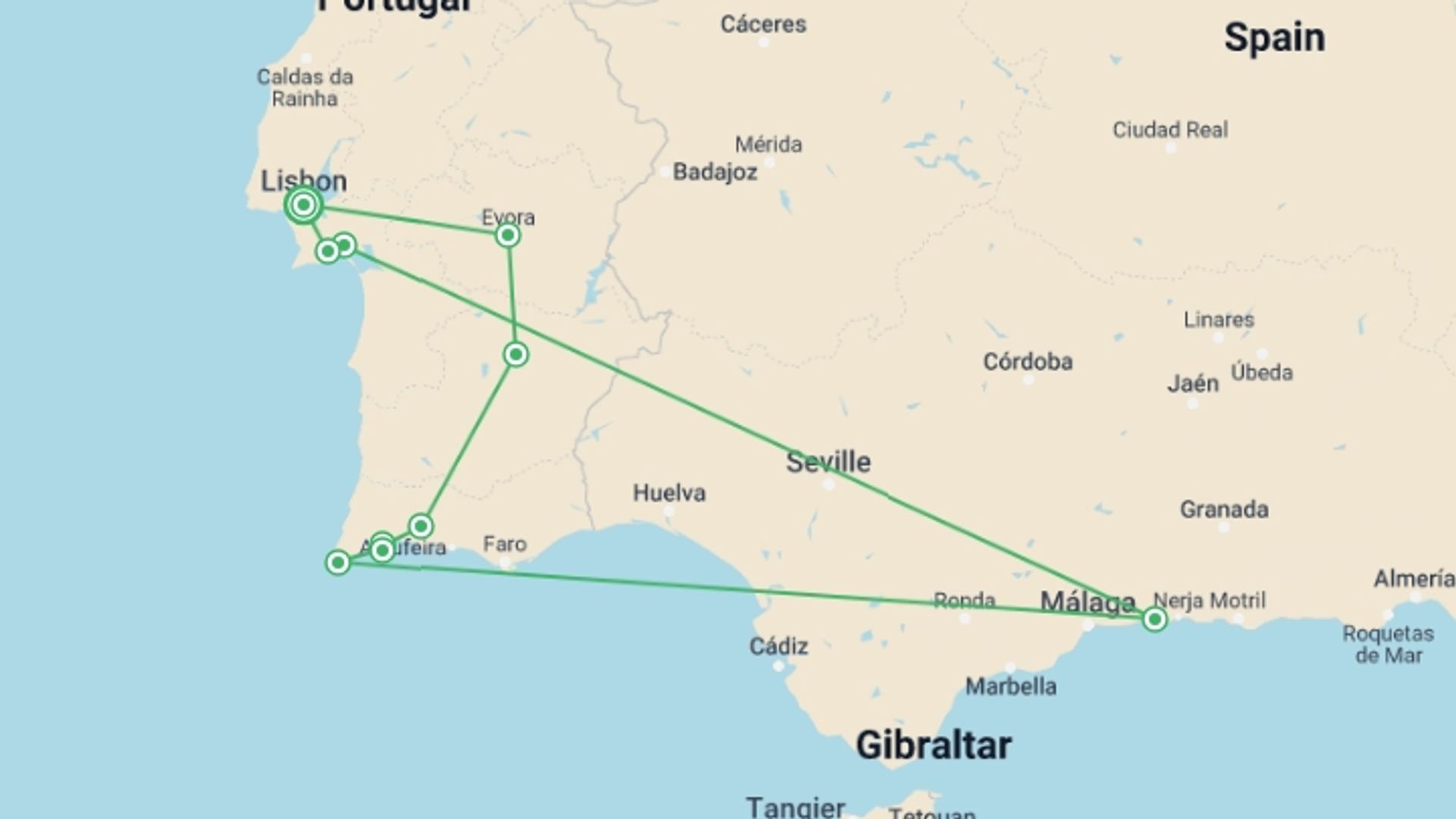 A map showing the tour itinerary for the trip: Southern Portugal Explorer, starting in Lisbon, Portugal and ending in Lisbon, Portugal going through 4 other destinations.