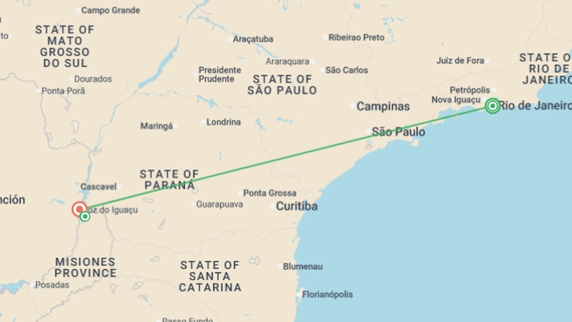 A map showing the tour itinerary for the trip: Highlights of Rio & Iguazu (Superior) - 6 days, starting in Rio de Janeiro, Brazil and ending in Foz Do Iguacu, Brazil going through 2 other destinations.