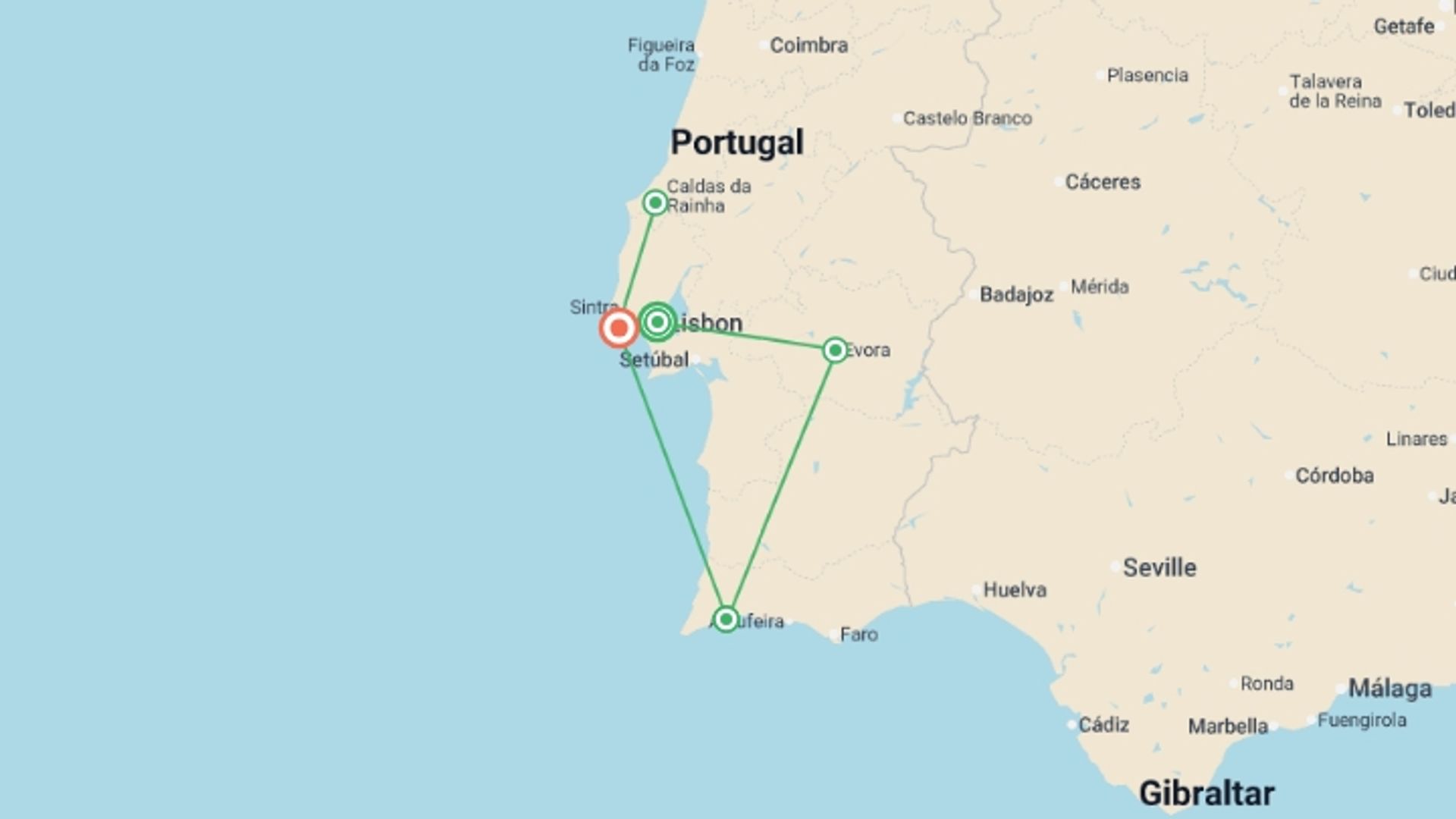 A map showing the tour itinerary for the trip: Sunny Portugal featuring Porto , starting in Lisbon, Portugal and ending in Cascais, Portugal going through 0 other destinations.