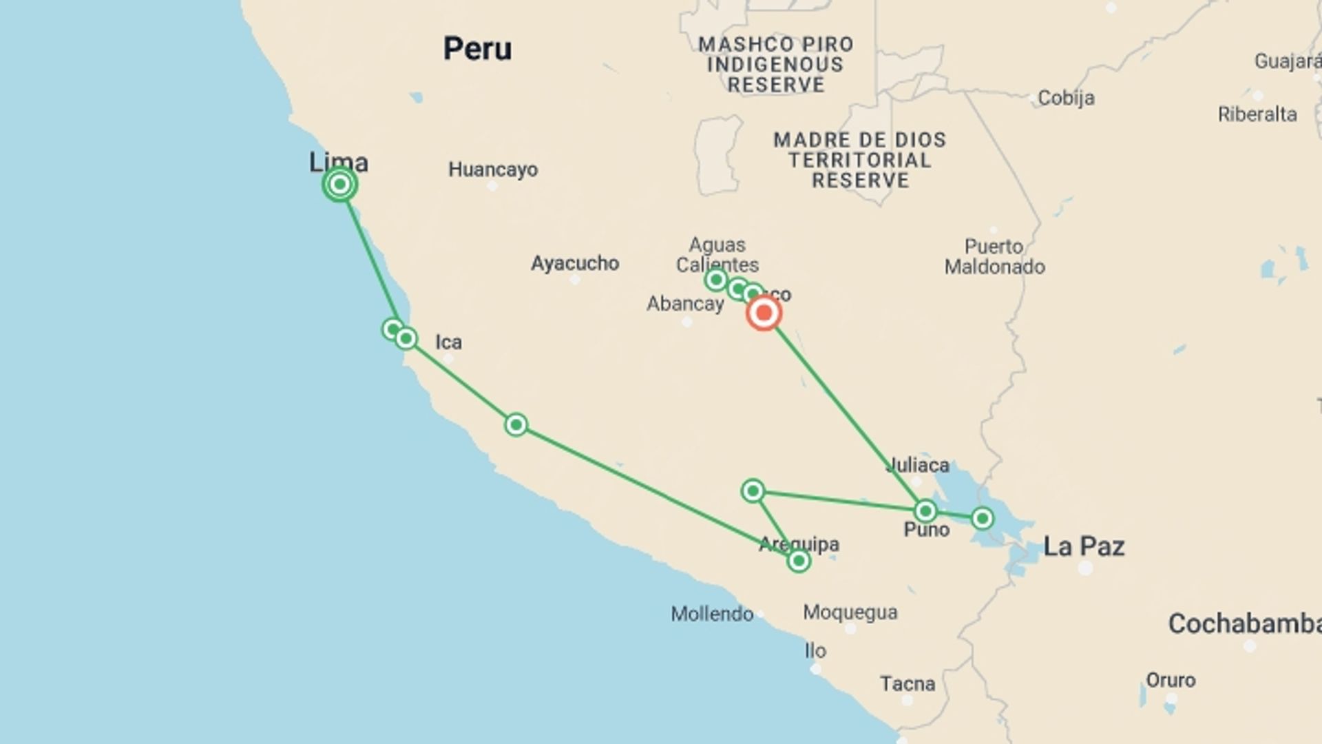 A map showing the tour itinerary for the trip: Enigmas Of The South, Private Tour, starting in Lima, Peru and ending in Cusco, Peru going through 8 other destinations.