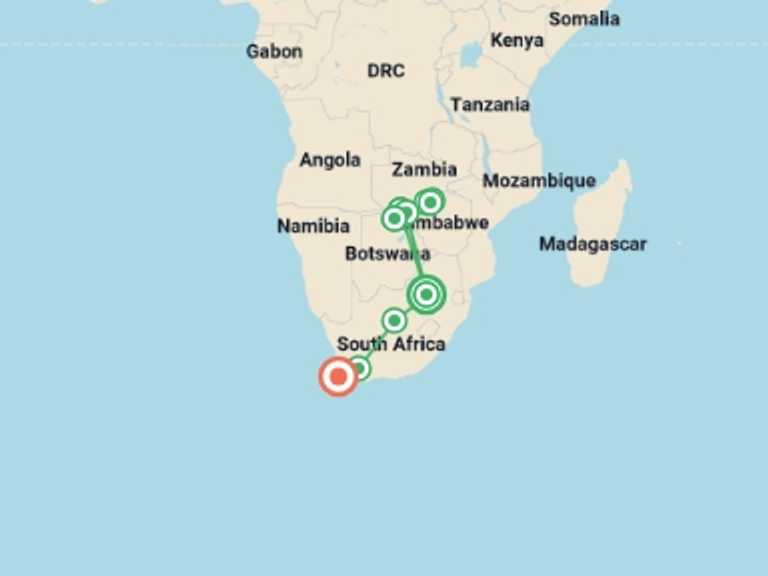 Map of Zimbabwe Explorer Tour with 10 destination visits for the trip: Flame of Southern Africa: A Luxury Cruise, Rail, and Tour Journey of a Lifetime