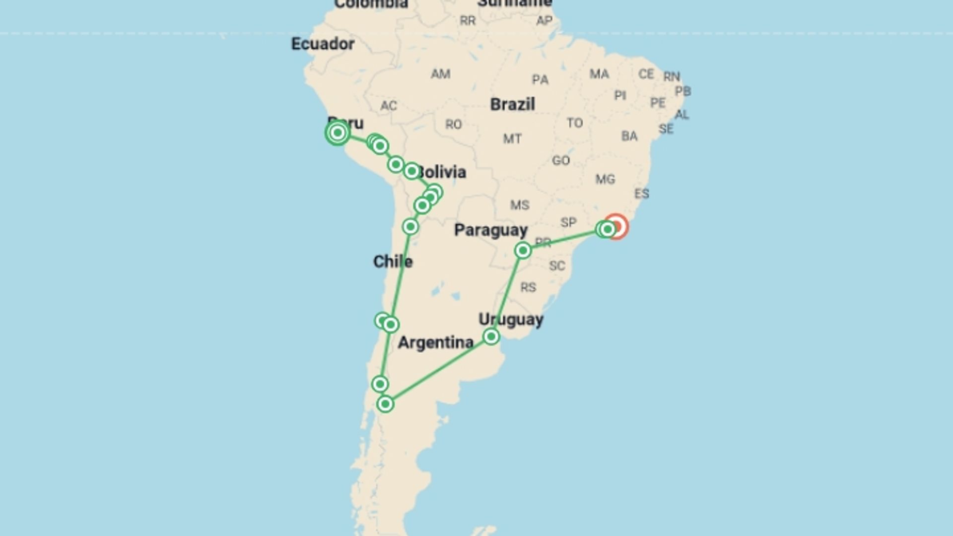 A map showing the tour itinerary for the trip: South America Discovery: Lima to Rio de Janiero, starting in Lima, Peru and ending in Rio de Janeiro, Brazil going through 18 other destinations.