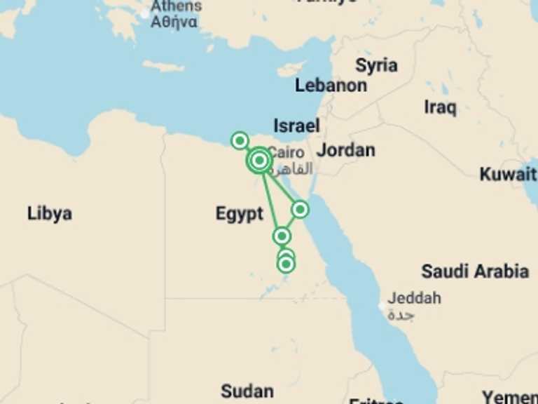 Map itinerary of Mediterranean Tour in June 2027 with 6 destination visits for the trip: Highlights of Egypt