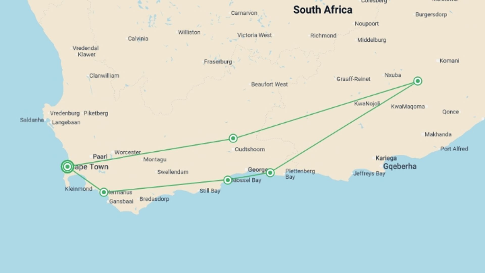 A map showing the tour itinerary for the trip: Cape Town & the Garden Route, starting in 54 bree st, cape town city centre, cape town, 8000, South Africa and ending in Cape Town, South Africa going through 5 other destinations.