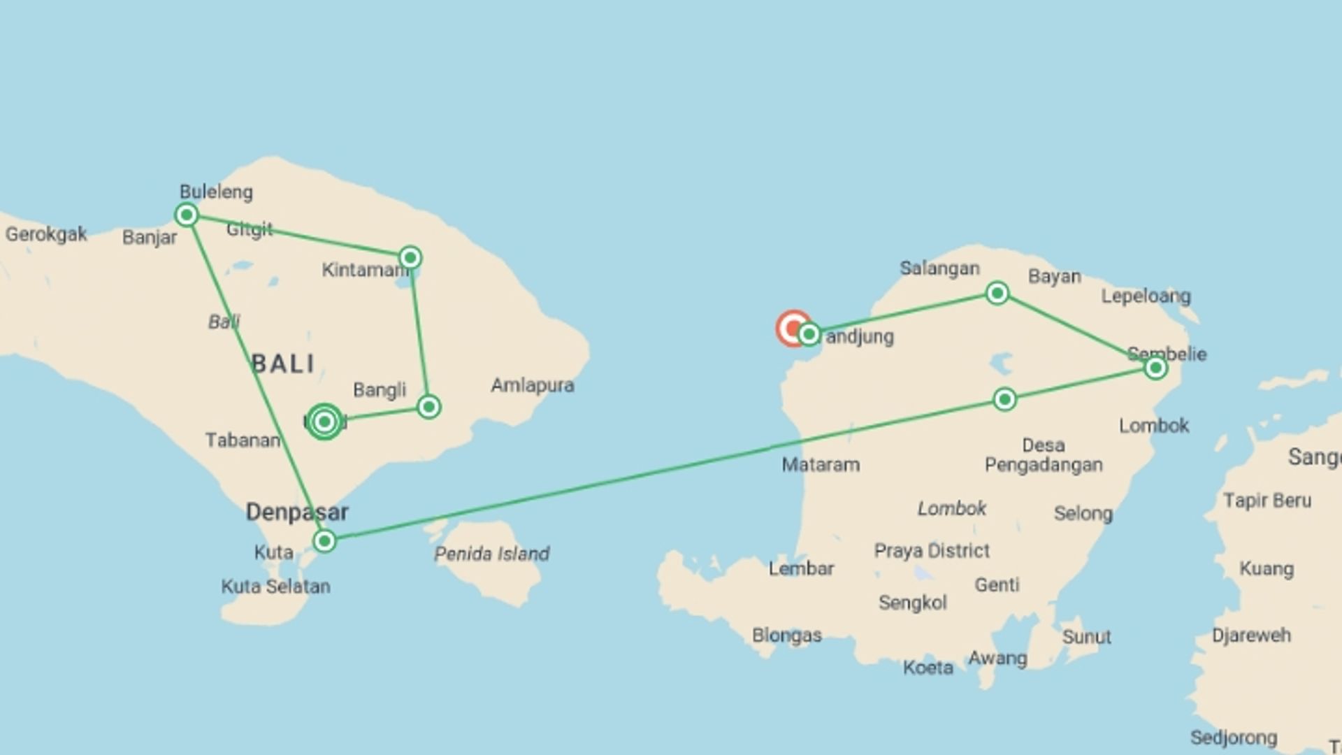 A map showing the tour itinerary for the trip: Bali & Lombok Adventure, starting in Ubud, Indonesia and ending in Gili Islands, Indonesia going through 8 other destinations.