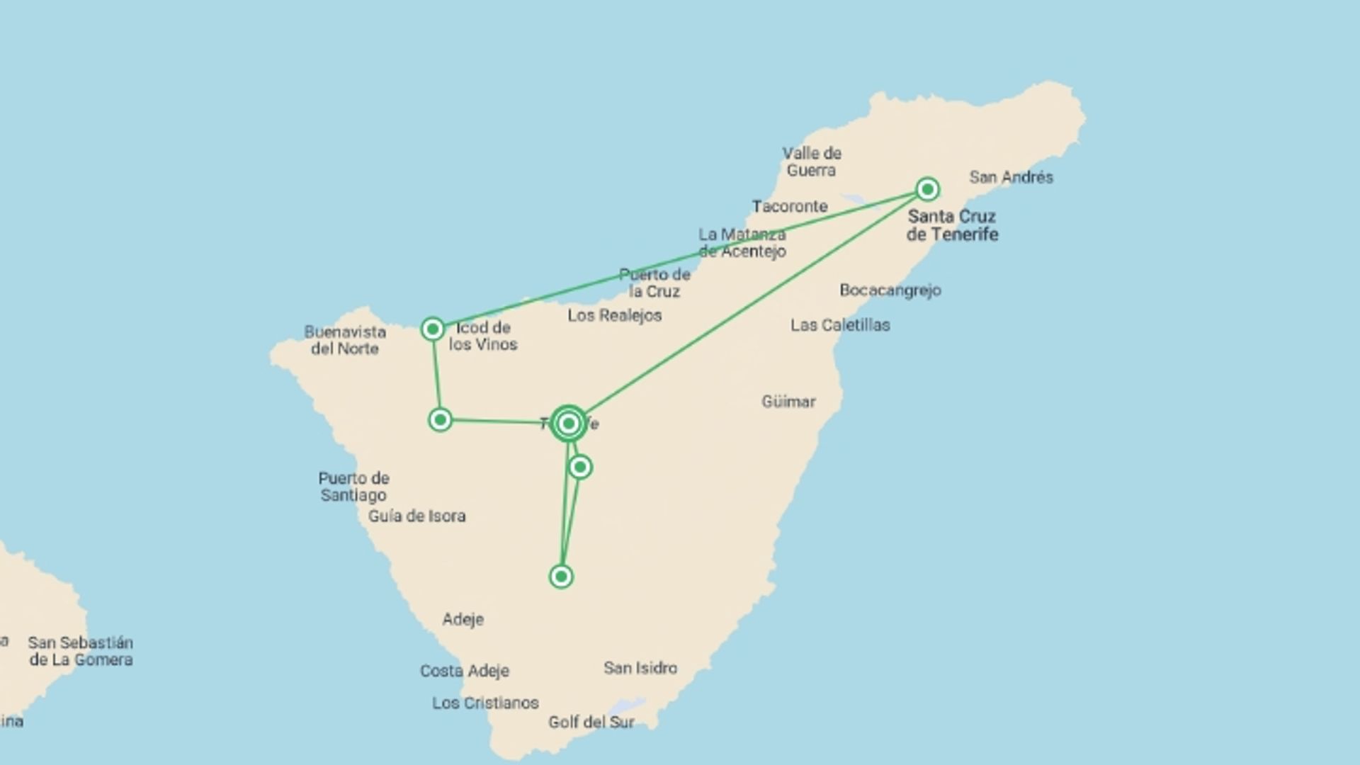 A map showing the tour itinerary for the trip: Hiking in Tenerife, starting in Tenerife, Spain and ending in San Cristóbal De La Laguna, Spain going through 5 other destinations.
