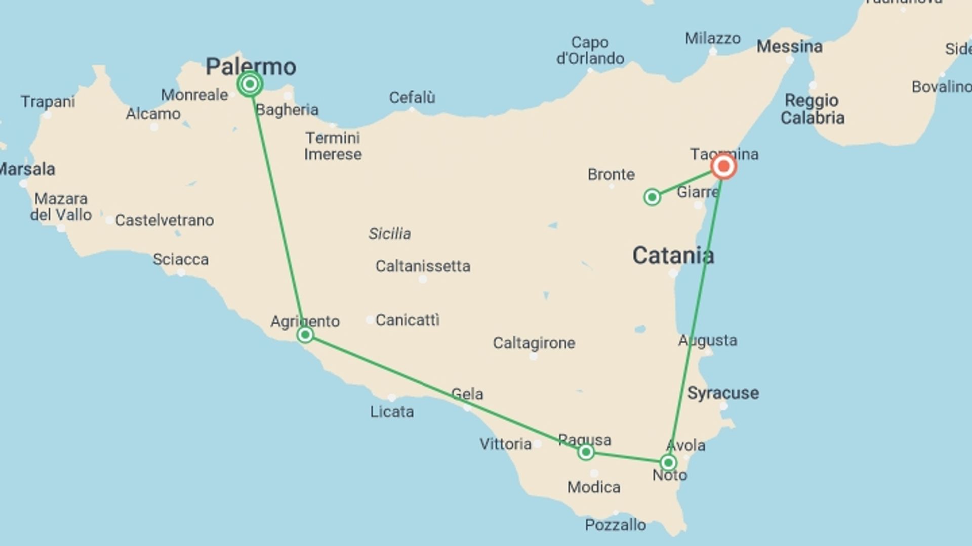 A map showing the tour itinerary for the trip: Magical Sicily (7 Days), starting in Palermo, Italy and ending in Taormina, Italy going through 4 other destinations.