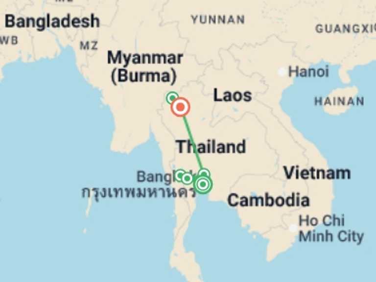 Map itinerary of Asia Tour in October 2026 with 5 destination visits for the trip: North Thailand: Rivers & Rice Fields