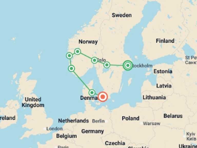 Map of Europe Tour with 8 destination visits for the trip: Scandi Dreamscape - 10 days