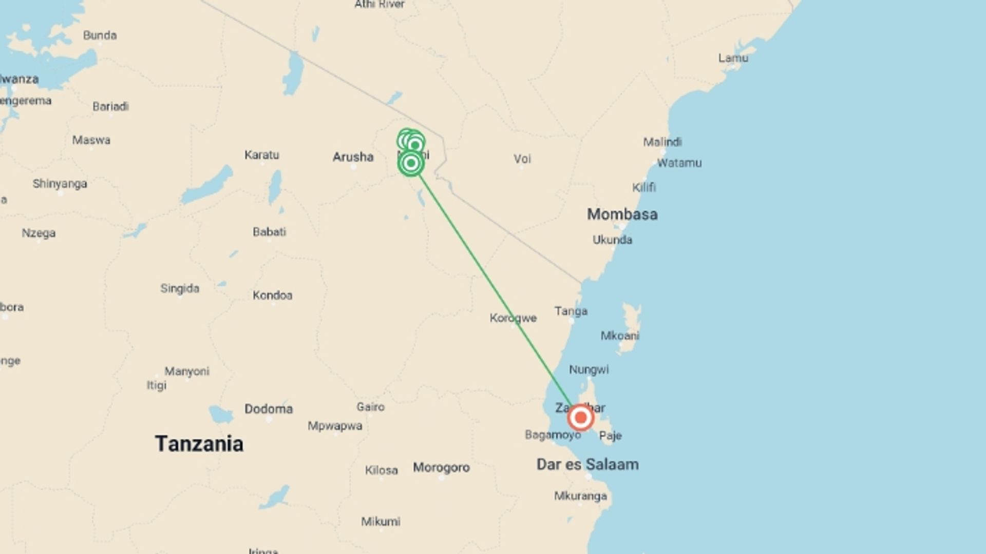 A map showing the tour itinerary for the trip: Kilimanjaro - Machame Route & Zanzibar Adventure, starting in Moshi, Tanzania and ending in Zanzibar, Tanzania going through 6 other destinations.