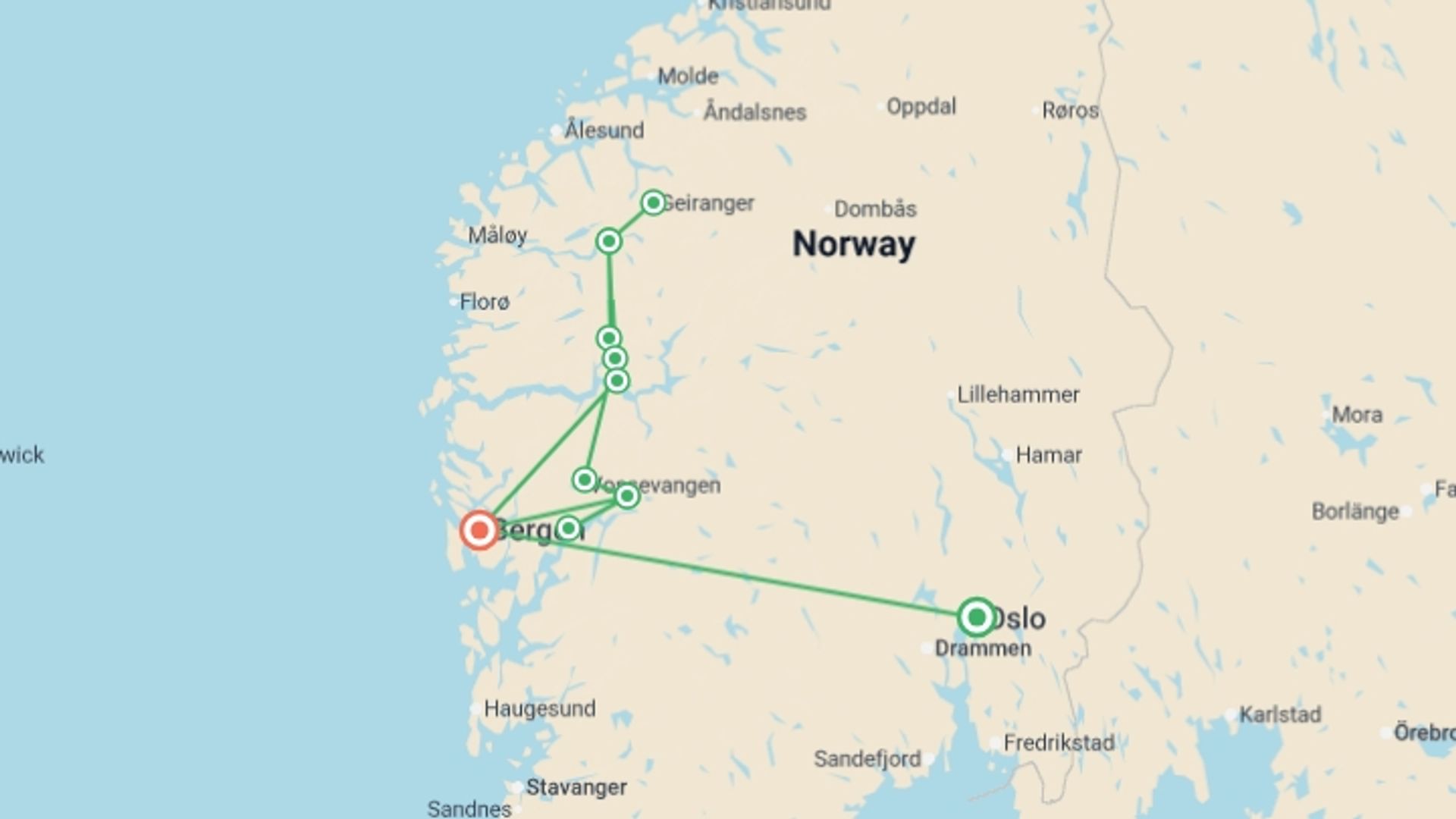 A map showing the tour itinerary for the trip: Norway: Fjords and Glaciers, starting in Oslo, Norway and ending in Bergen, Norway going through 4 other destinations.
