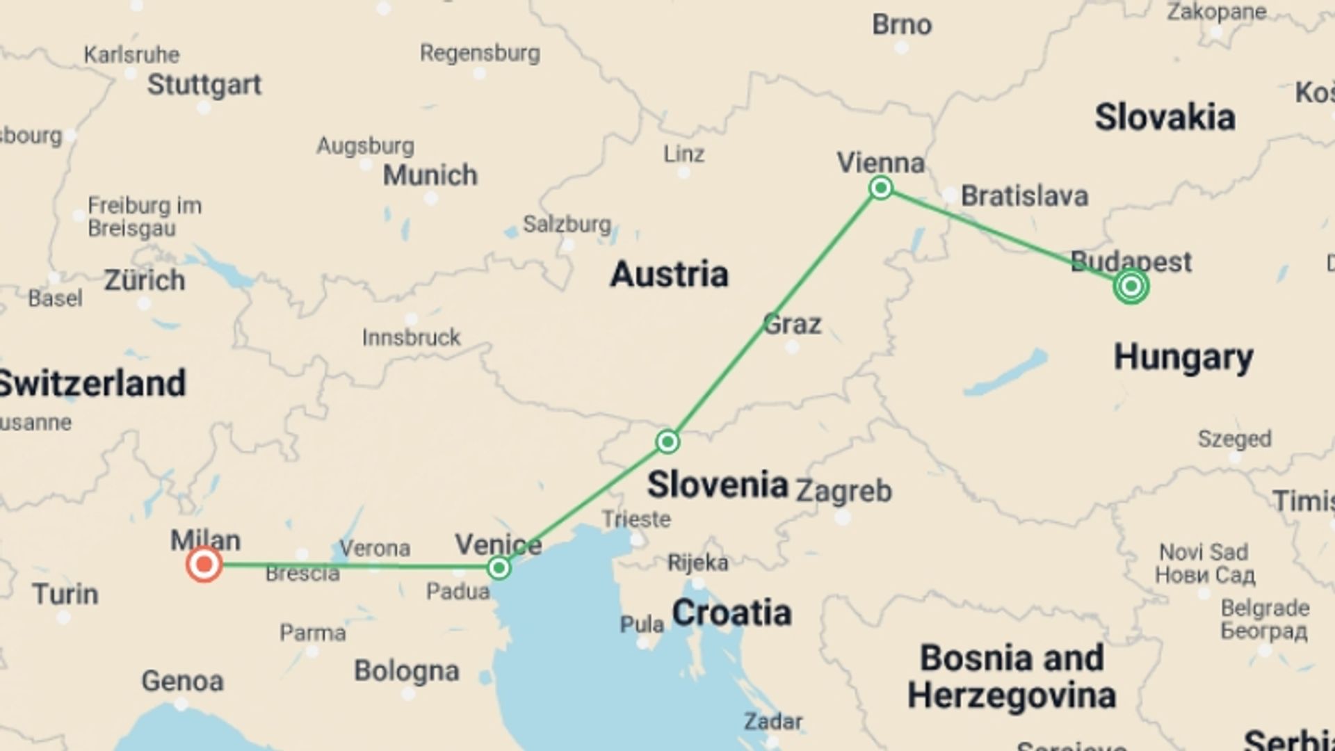 A map showing the tour itinerary for the trip: Europe by Rail Budapest to Milan, starting in Budapest, Hungary and ending in Milan, Italy going through 3 other destinations.