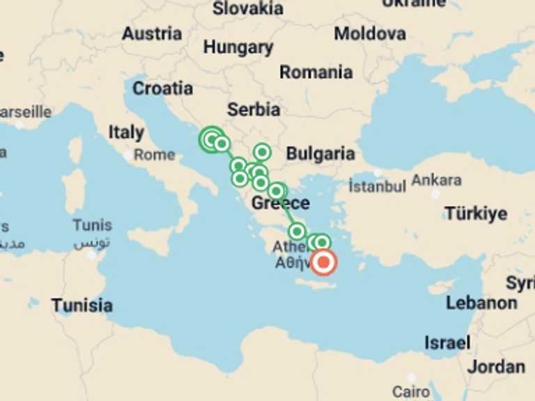 Map of Europe Tour with 14 destination visits for the trip: Dubrovnik to Santorini