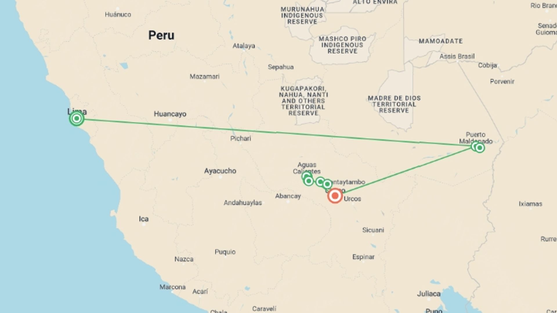 A map showing the tour itinerary for the trip: Journeys: Machu Picchu and the Amazon, starting in Lima, Peru and ending in Cusco, Peru going through 6 other destinations.