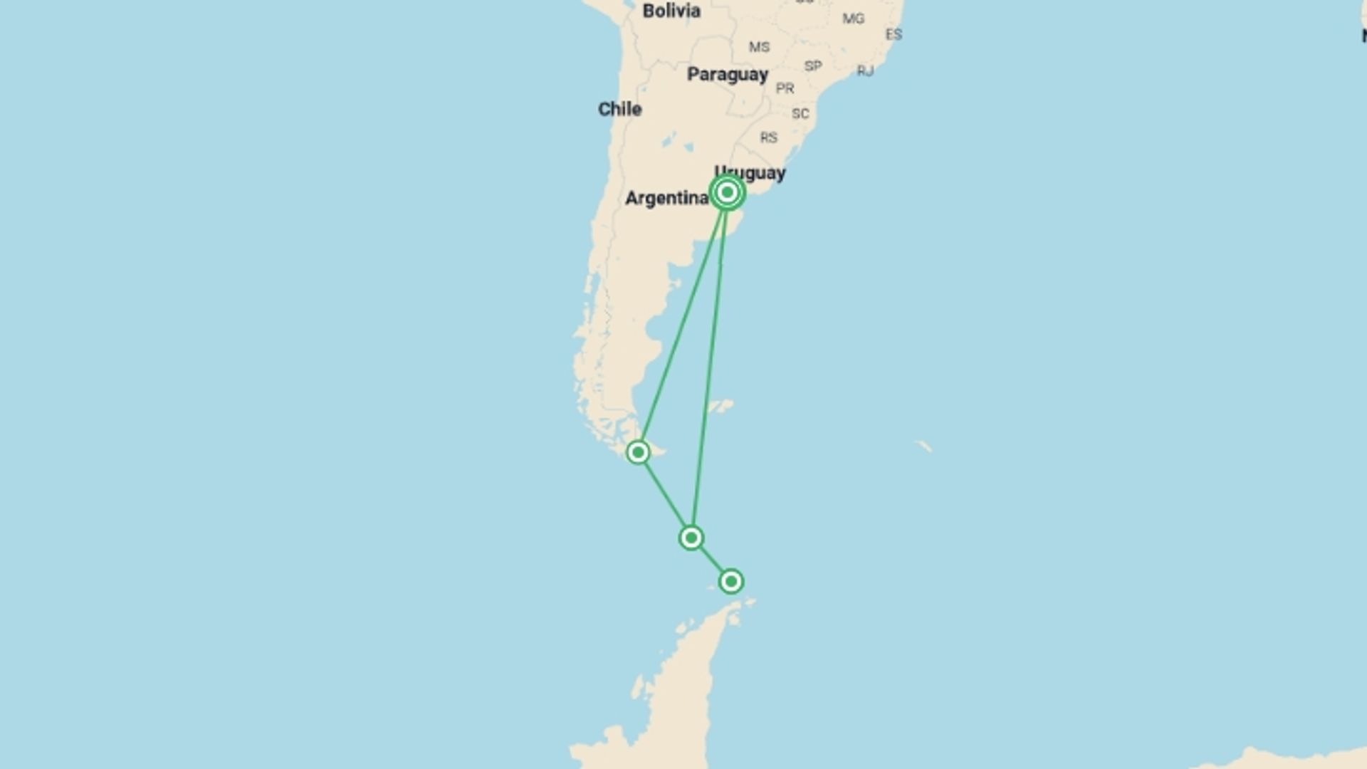 A map showing the tour itinerary for the trip: Antarctica: The White Continent, starting in Buenos Aires, Argentina and ending in Buenos Aires, Argentina going through 3 other destinations.