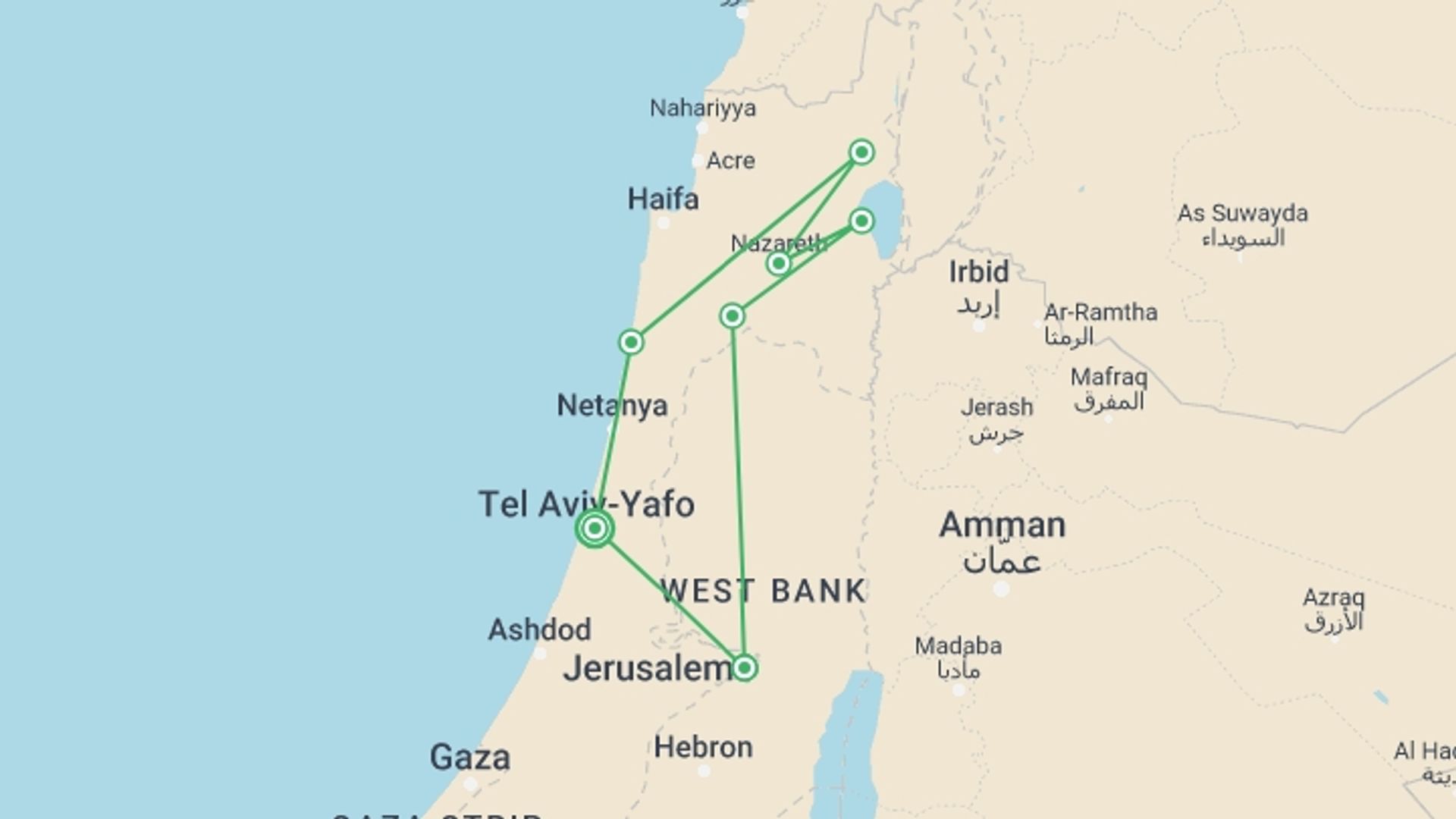 A map showing the tour itinerary for the trip: Holyland Highlights, Portuguese-speaking Guide (monday), starting in Tel Aviv, Israel and ending in Tel Aviv, Israel going through 3 other destinations.