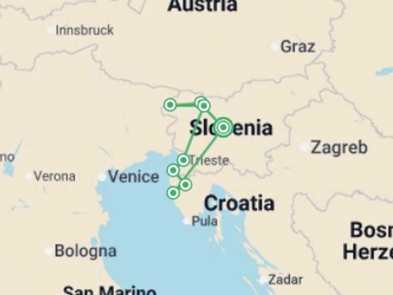 Map of Slovenia Tour with 8 destination visits for the trip: Cycle Slovenia and the Parenzana
