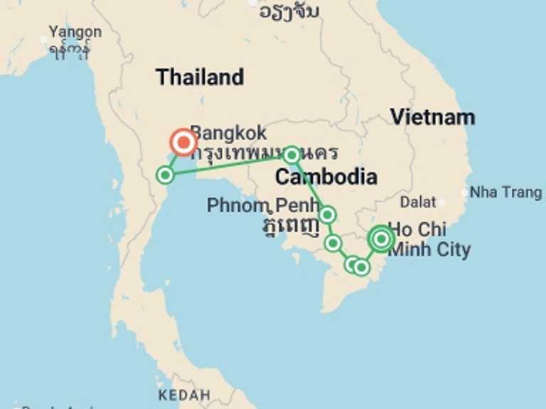 Map of Thailand and Vietnam Tour with 8 destination visits for the trip: South Vietnam & Cambodia to Bangkok - 15 days