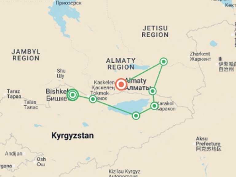 Map itinerary of Asia Tour in August 2026 with 7 destination visits for the trip: Kyrgyzstan & Kazakhstan: Colourful Canyons & Nomadic Living