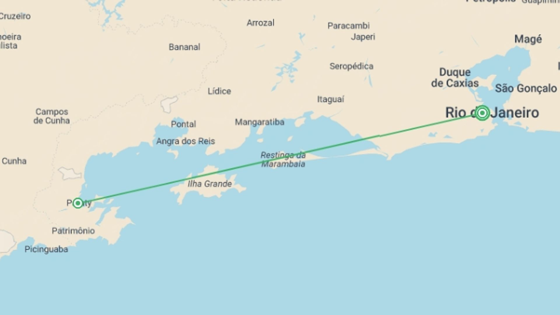 A map showing the tour itinerary for the trip: 9 Days in Rio de Janeiro and Paraty, starting in Rio de Janeiro, Brazil and ending in Rio de Janeiro, Brazil going through 1 other destinations.