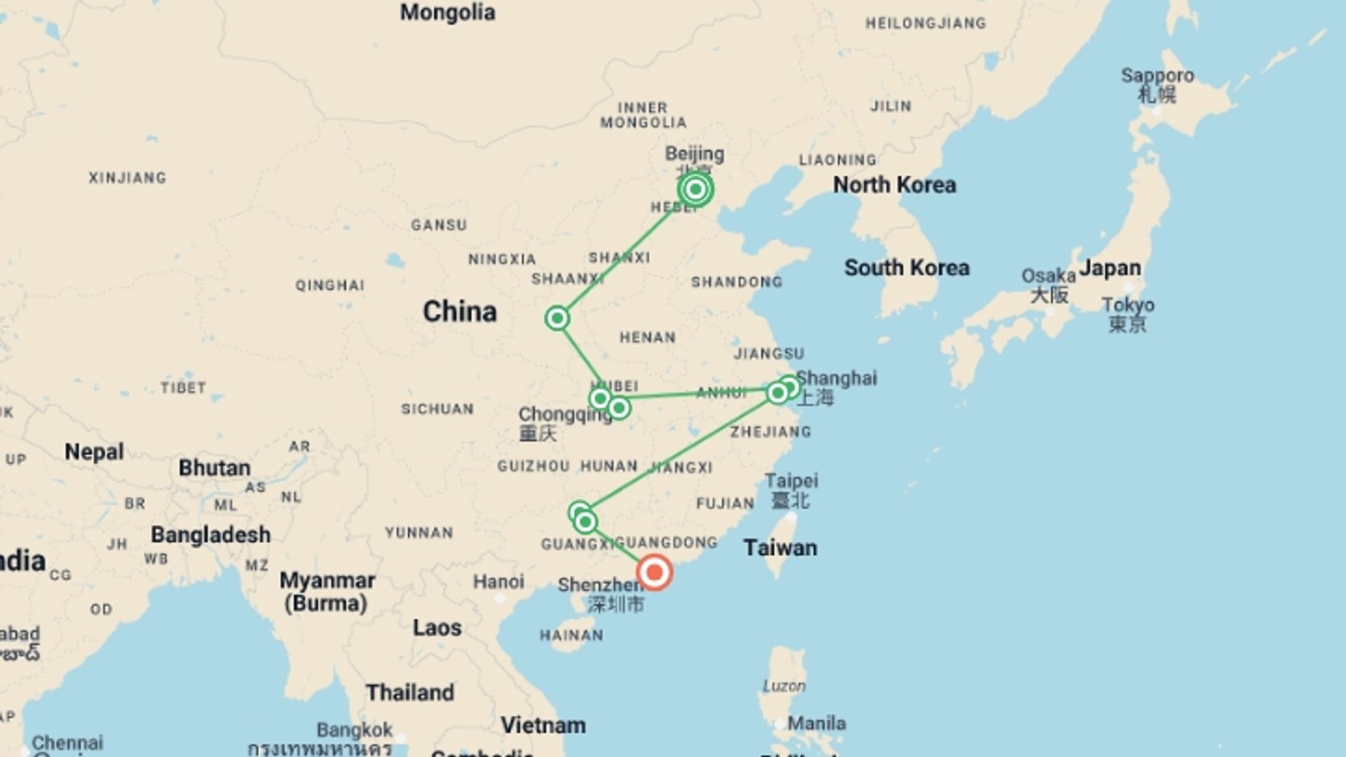 A map showing the tour itinerary for the trip: Charm of Chinese Classical Architecture, starting in Beijing, China and ending in Hong Kong, Hong Kong going through 7 other destinations.