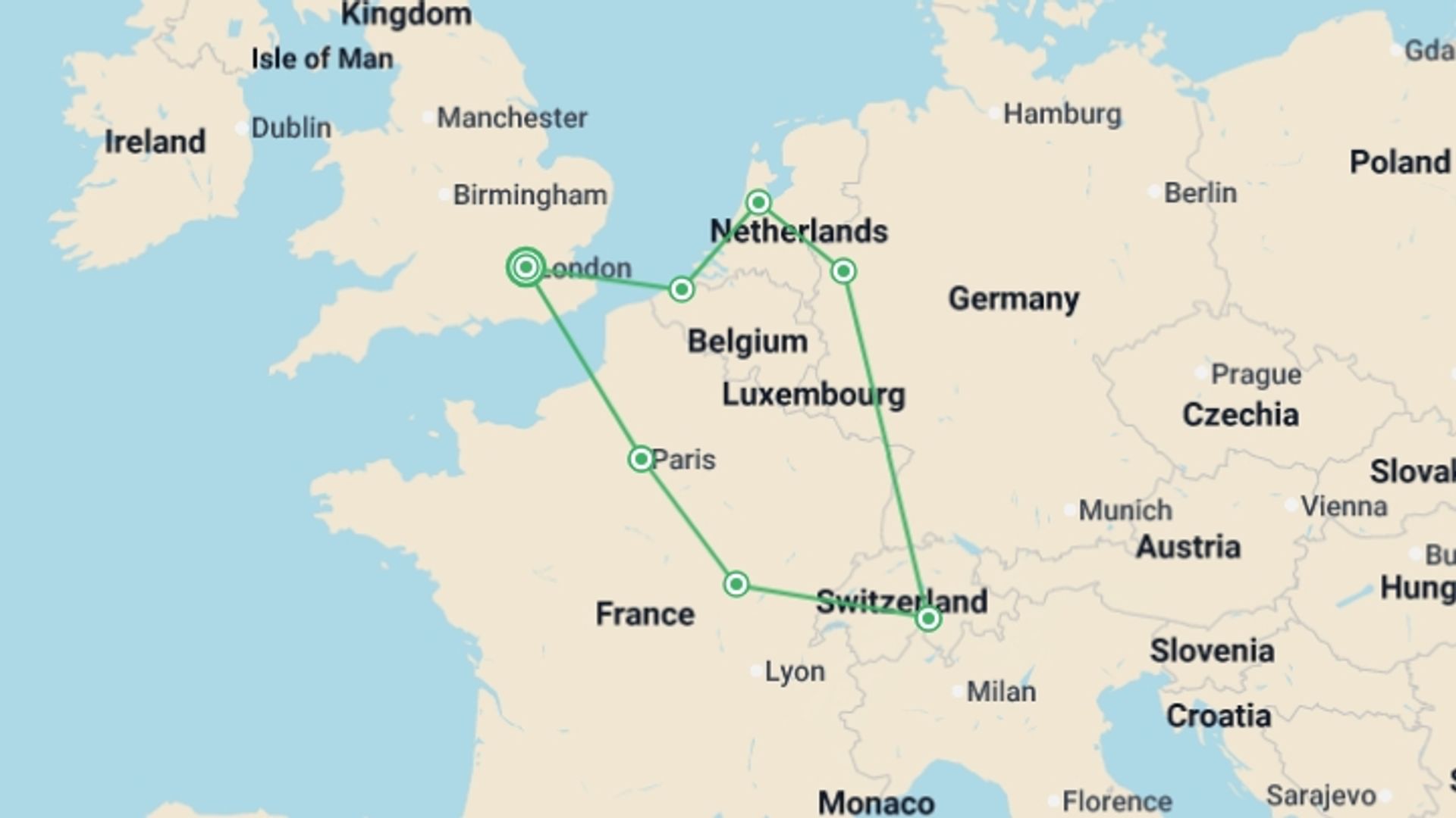 A map showing the tour itinerary for the trip: Europe Taster New Year, starting in London, England and ending in London, England going through 6 other destinations.