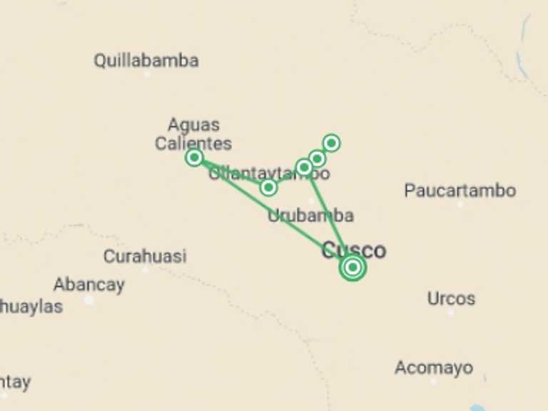 Map itinerary of Peru Tour in July 2027 with 7 destination visits for the trip: Lares Trek & One Day Inca Trail 5 Days
