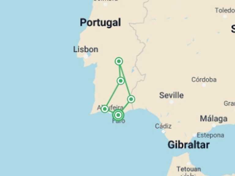 Map of a Self-drive or vehicle rental Tour with 5 destination visits for the trip: Hidden Secrets Of Algarve & Alentejo, Self-drive