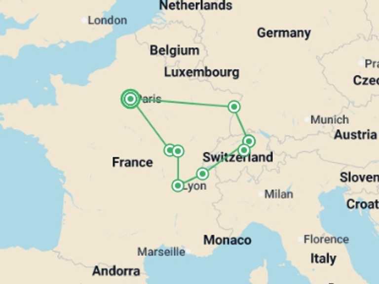 Map of Switzerland City sightseeing Tour with 3 destination visits for the trip: France and Switzerland